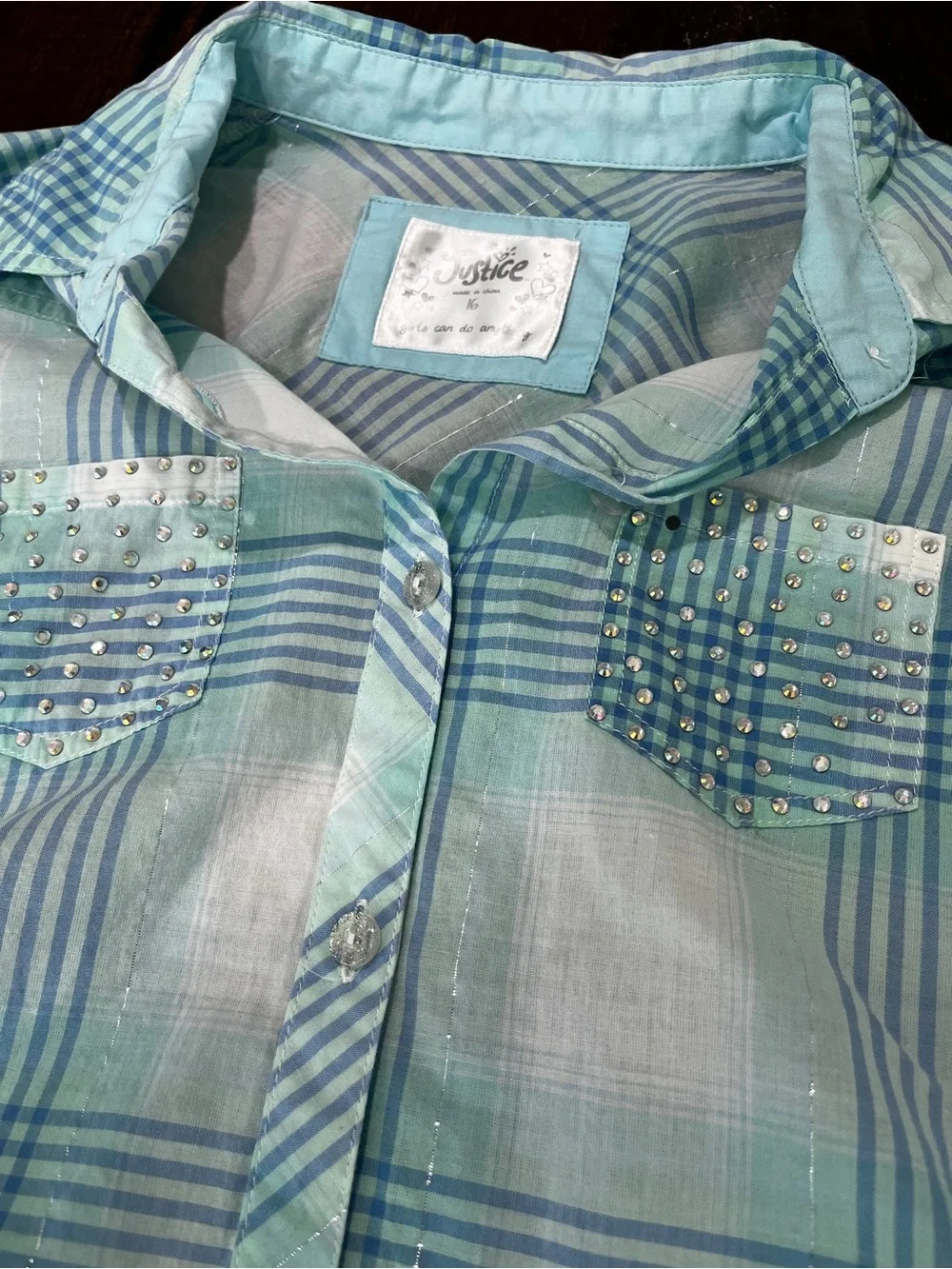 Justice Mint & Aqua Plaid Button-Up Shirt